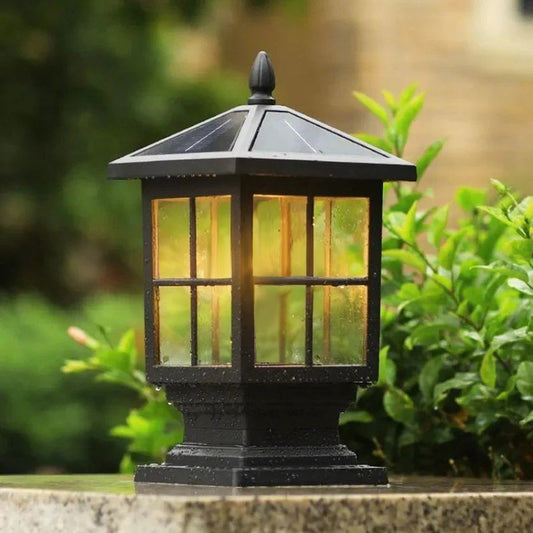 Traditional Square Solar Pillar Light – Classic Black Waterproof LED Outdoor Lamp for Gate, Garden & Patio