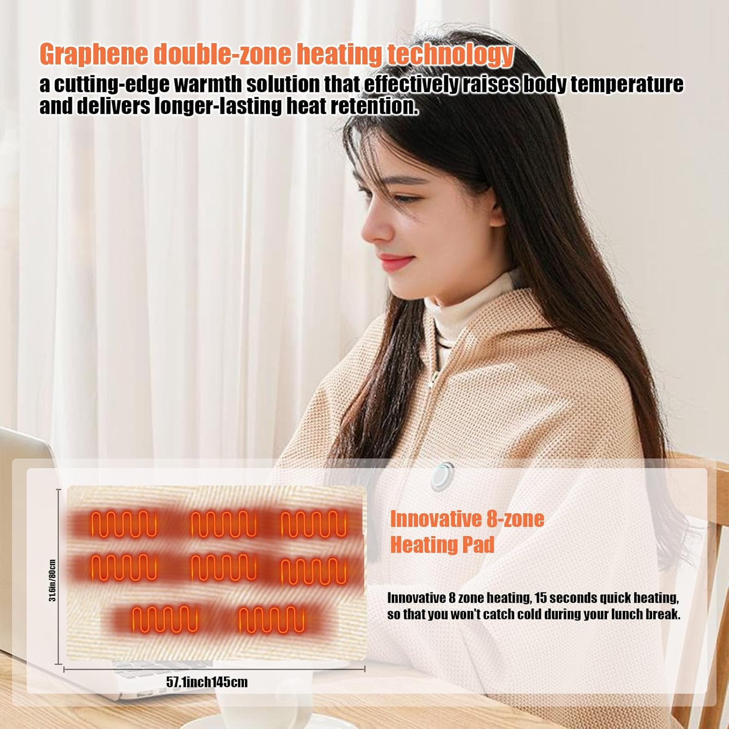 Portable Cordless Heated Shawl – Wearable Heated Electric Blanket for Women, USB Rechargeable with 3 Heat Settings venvolt