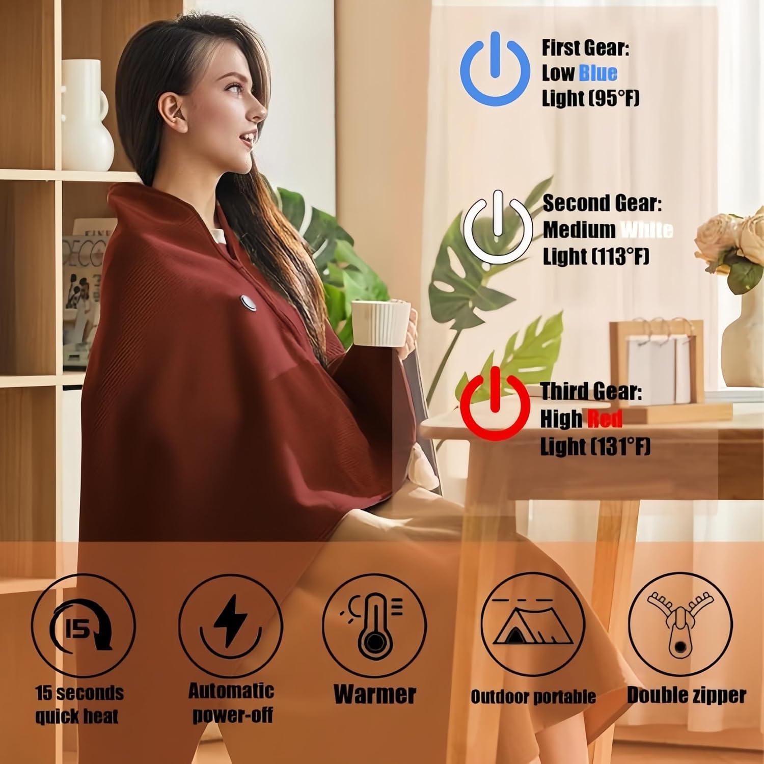 Portable Cordless Heated Shawl – Wearable Heated Electric Blanket for Women, USB Rechargeable with 3 Heat Settings venvolt