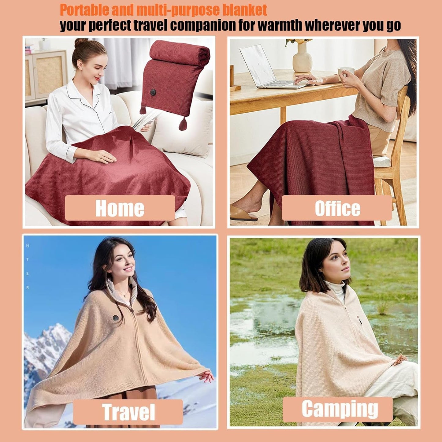 Portable Cordless Heated Shawl – Wearable Heated Electric Blanket for Women, USB Rechargeable with 3 Heat Settings venvolt