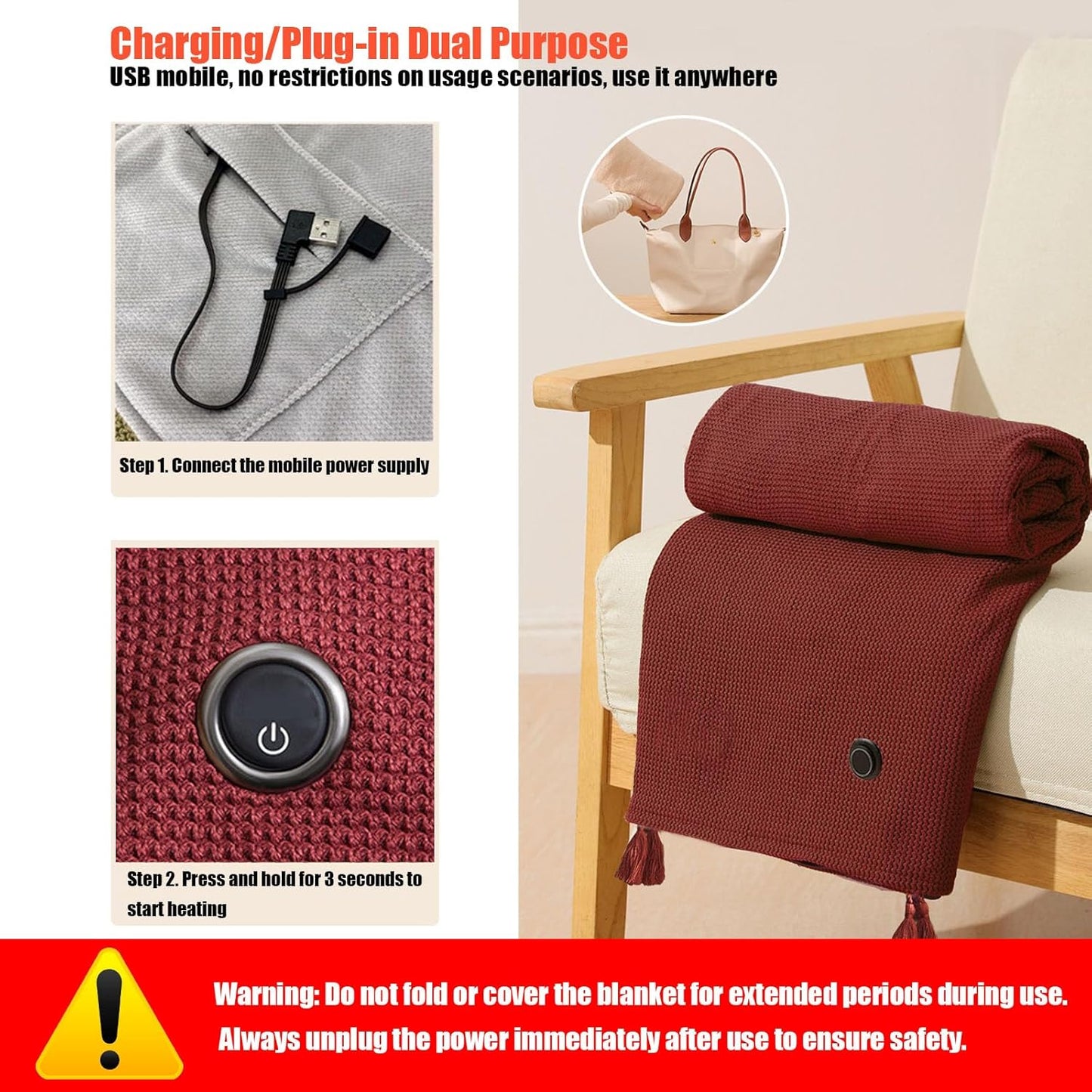 Portable Cordless Heated Shawl – Wearable Heated Electric Blanket for Women, USB Rechargeable with 3 Heat Settings venvolt