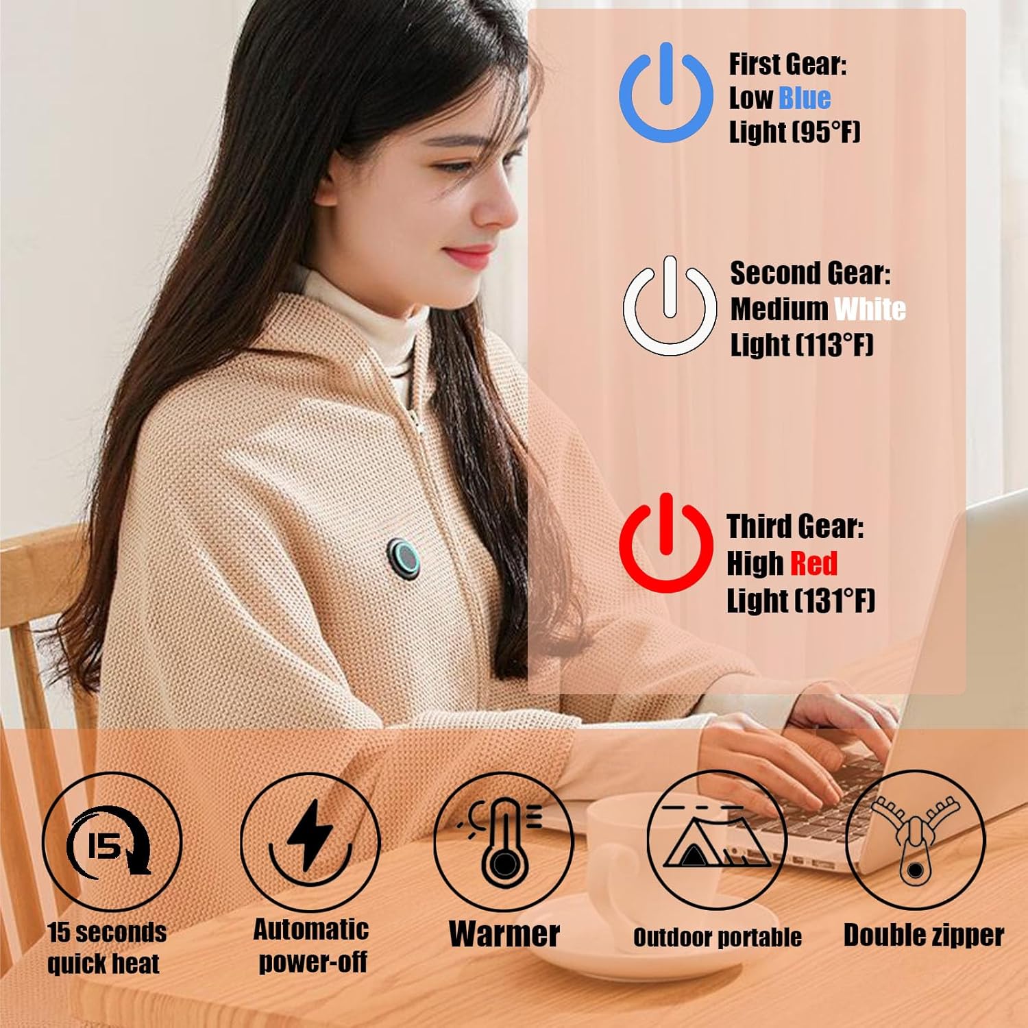 Portable Cordless Heated Shawl – Wearable Heated Electric Blanket for Women, USB Rechargeable with 3 Heat Settings venvolt