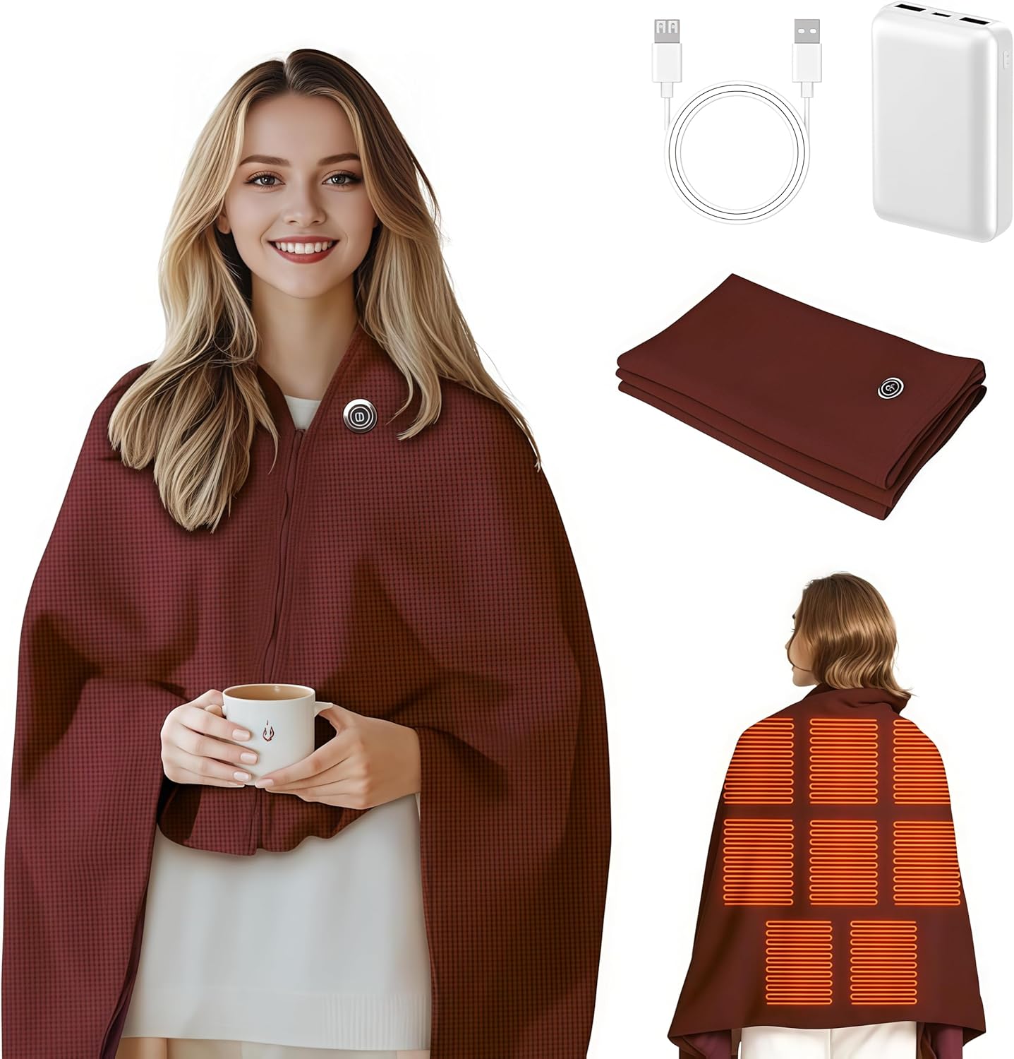 Portable Cordless Heated Shawl – Wearable Heated Electric Blanket for Women, USB Rechargeable with 3 Heat Settings venvolt