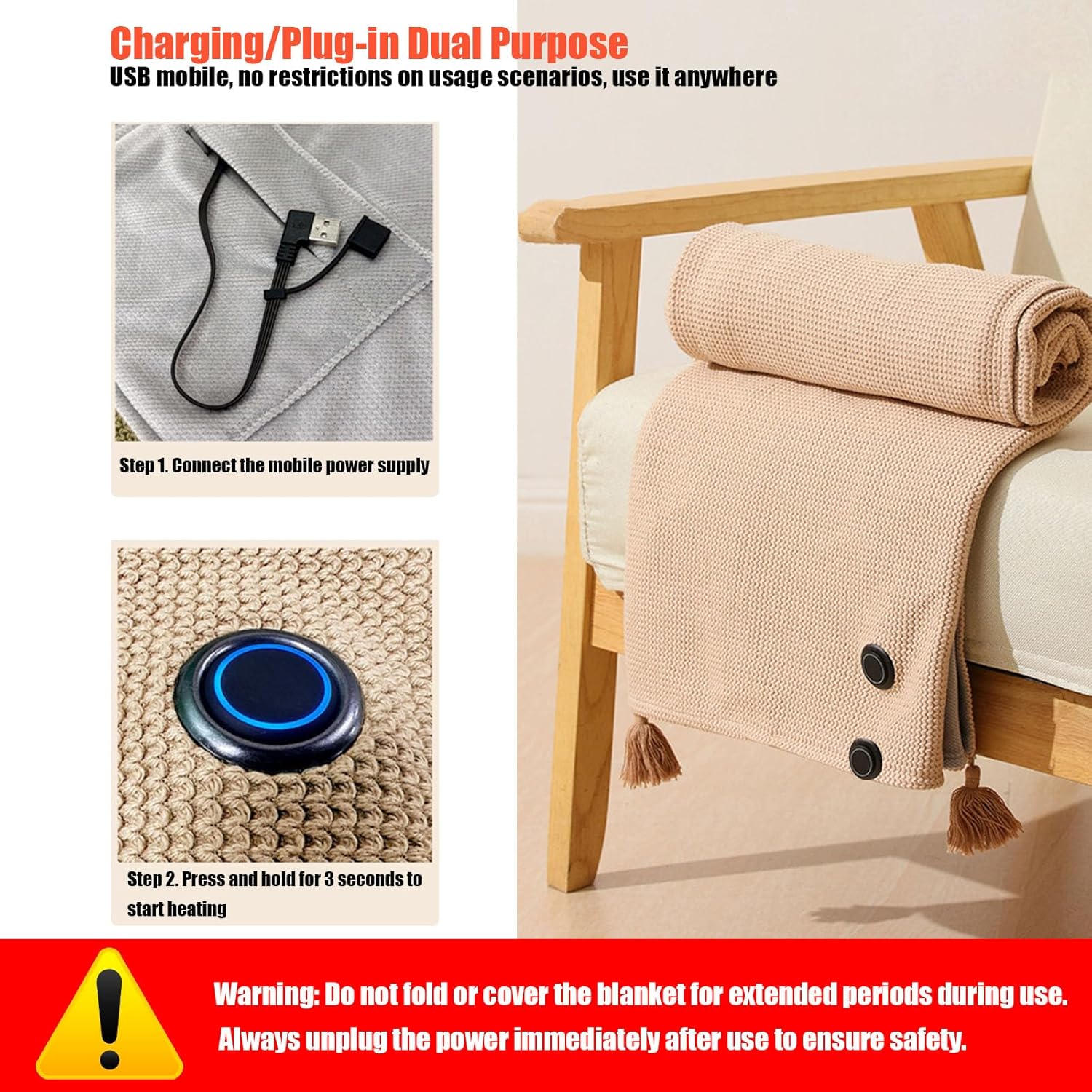 Portable Cordless Heated Shawl – Wearable Heated Electric Blanket for Women, USB Rechargeable with 3 Heat Settings venvolt