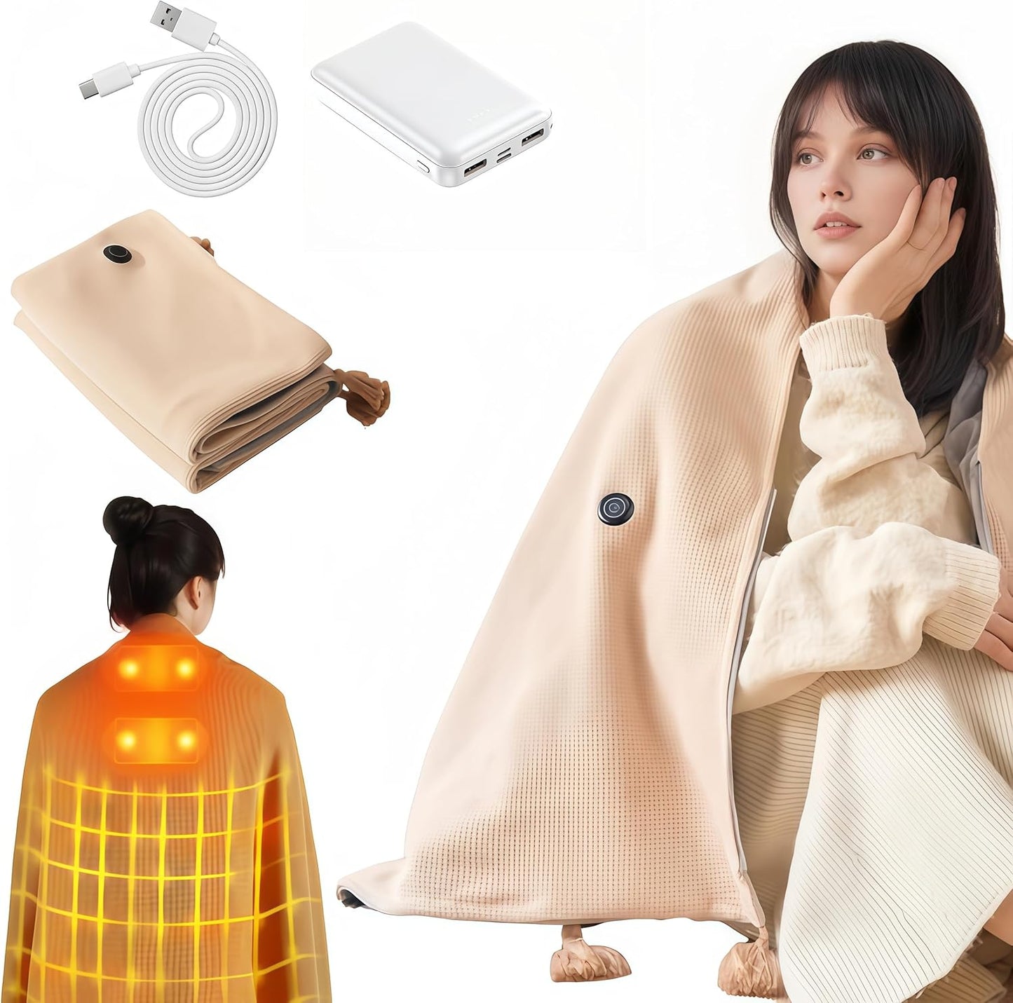 Portable Cordless Heated Shawl – Wearable Heated Electric Blanket for Women, USB Rechargeable with 3 Heat Settings venvolt