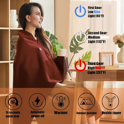 Portable Cordless Heated Shawl – Wearable Heated Electric Blanket for Women, USB Rechargeable with 3 Heat Settings venvolt