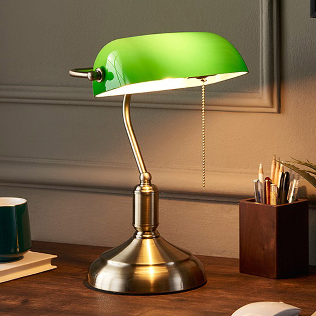 Green Glass Shade Brass Table Lamp with Pull-Chain Switch for Office & Study