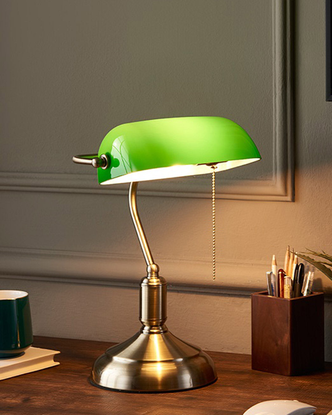 Green Glass Shade Brass Table Lamp with Pull-Chain Switch for Office & Study