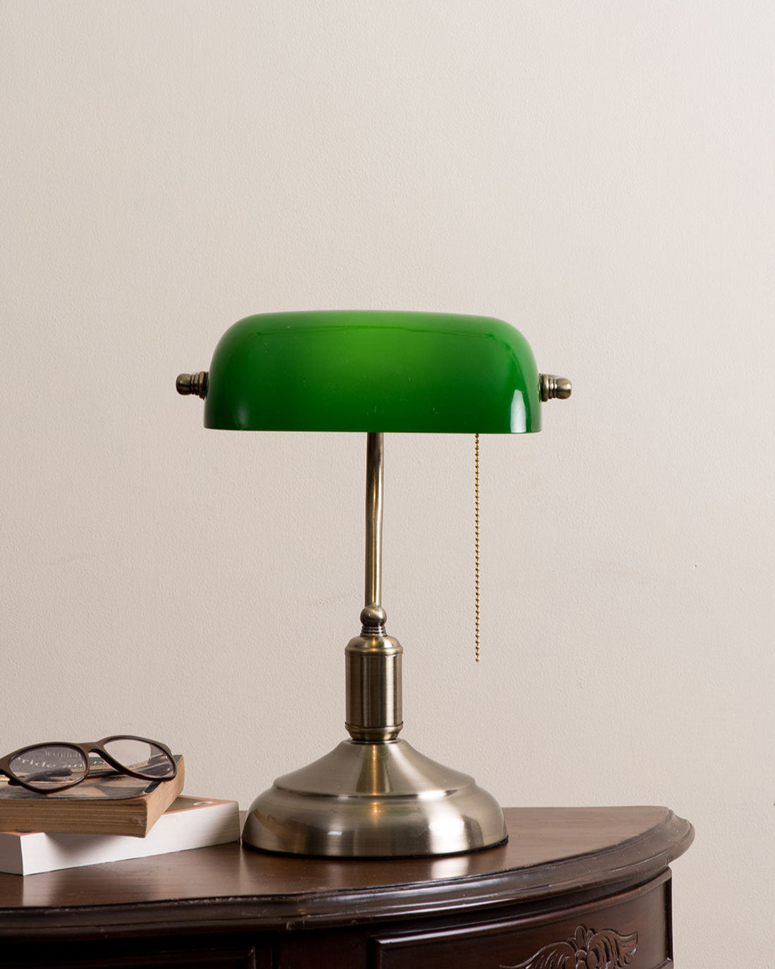 Green Glass Shade Brass Table Lamp with Pull-Chain Switch for Office & Study