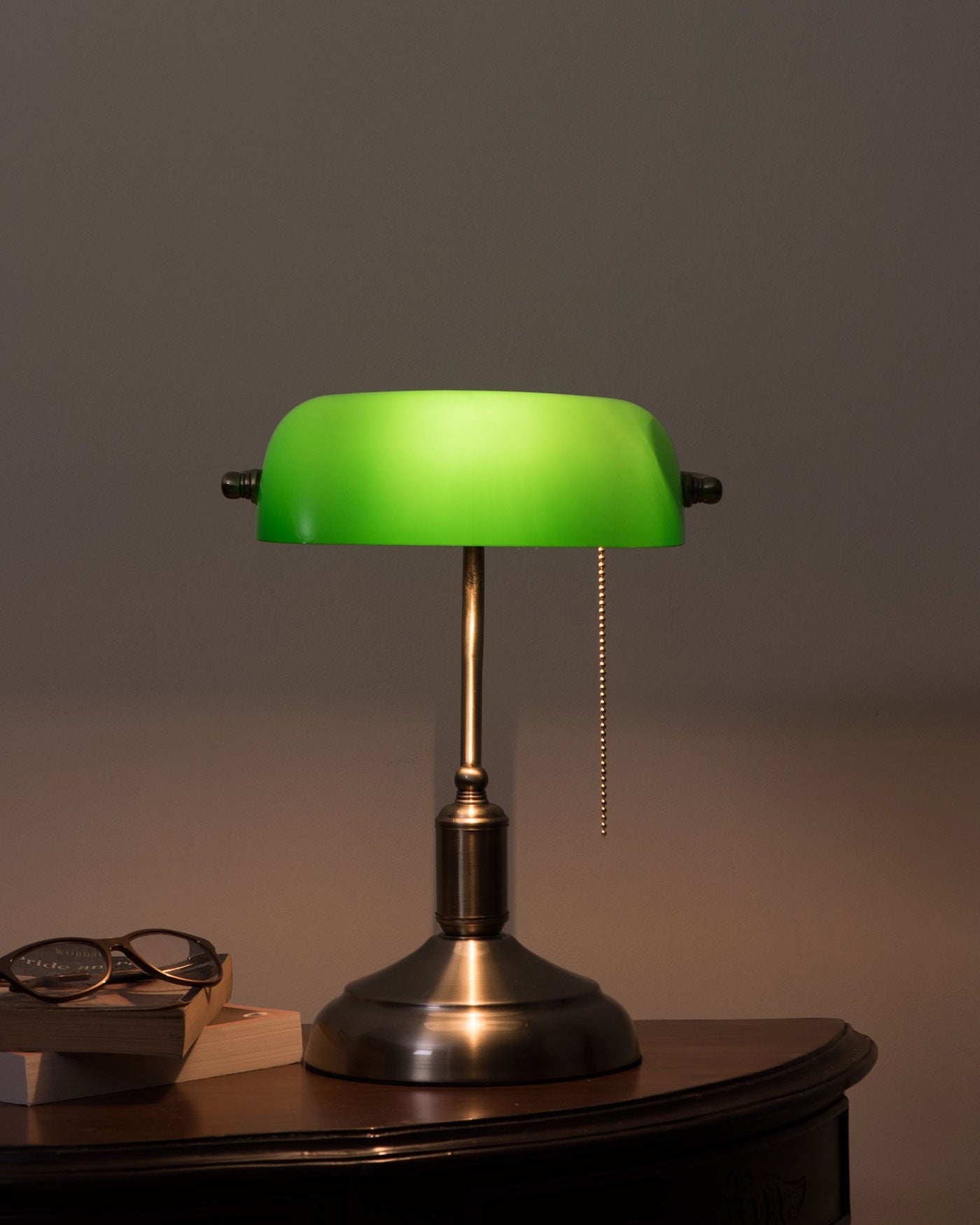 Green Glass Shade Brass Table Lamp with Pull-Chain Switch for Office & Study
