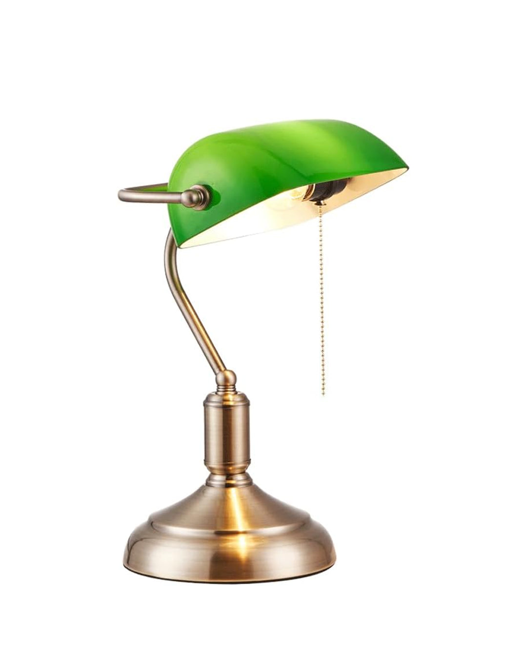 Green Glass Shade Brass Table Lamp with Pull-Chain Switch for Office & Study