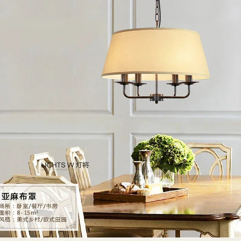 Sukori Vintage Cloth Pendant Light – 4-Bulb Iron Chain Hanging Lamp with E14 LED and Adjustable Height