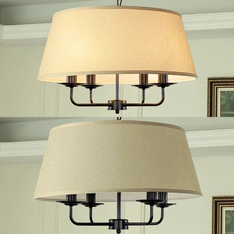 Sukori Vintage Cloth Pendant Light – 4-Bulb Iron Chain Hanging Lamp with E14 LED and Adjustable Height