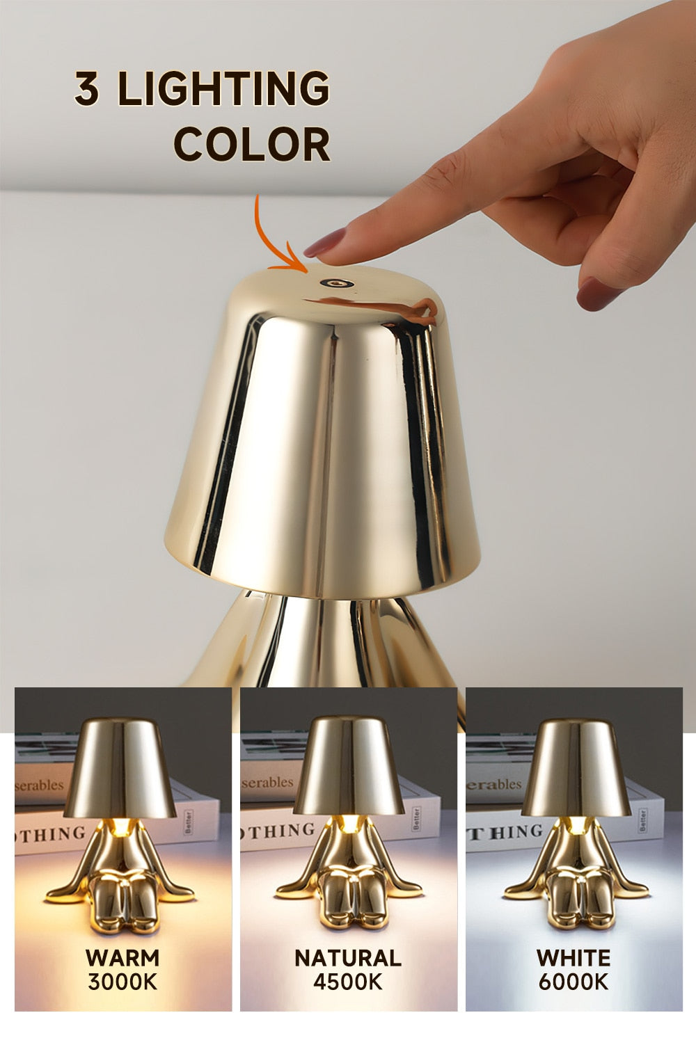 Statuette LED Aluminum Table Lamp – 3-Color Touch Control Rechargeable Desk Light