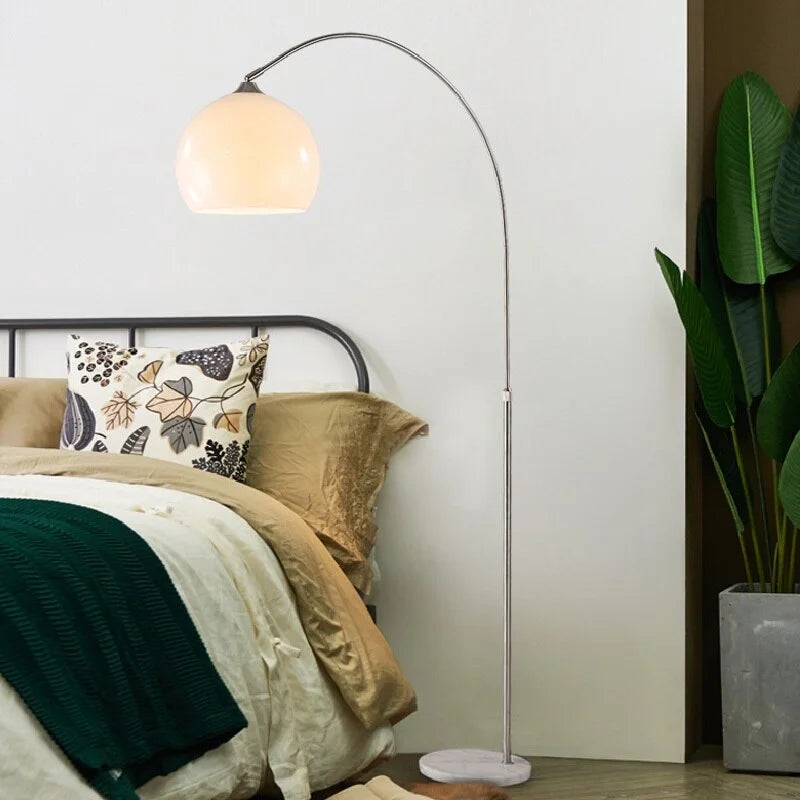 Modern Chrome Arc Floor Lamp – Elegant Curved Design with Frosted Glass Lampshade