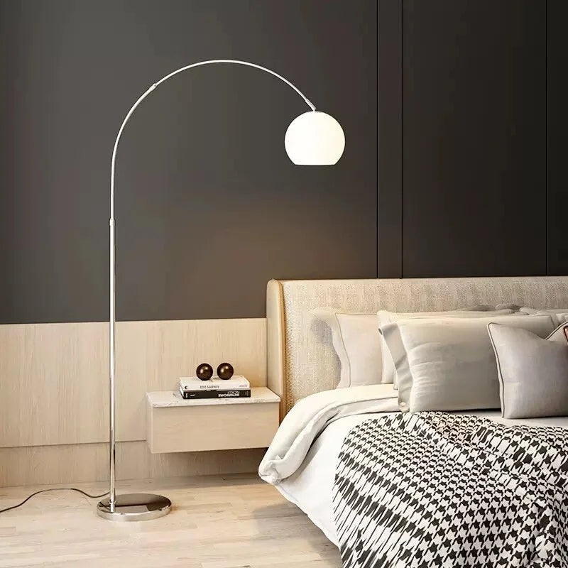 Modern Chrome Arc Floor Lamp – Elegant Curved Design with Frosted Glass Lampshade