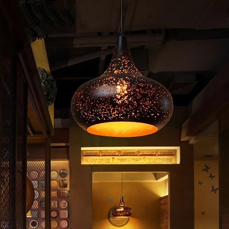 Vintage Iron Pendant Lamp – Nordic Loft Retro E27 Hanging Light with Etched Metal Shade
