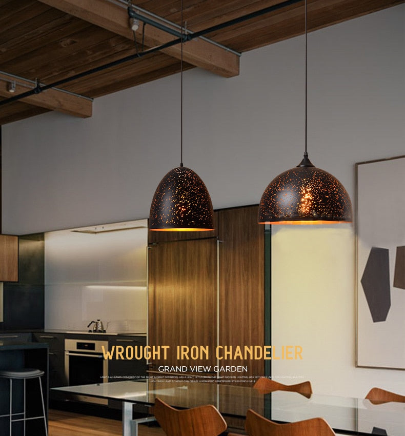 Vintage Iron Pendant Lamp – Nordic Loft Retro E27 Hanging Light with Etched Metal Shade