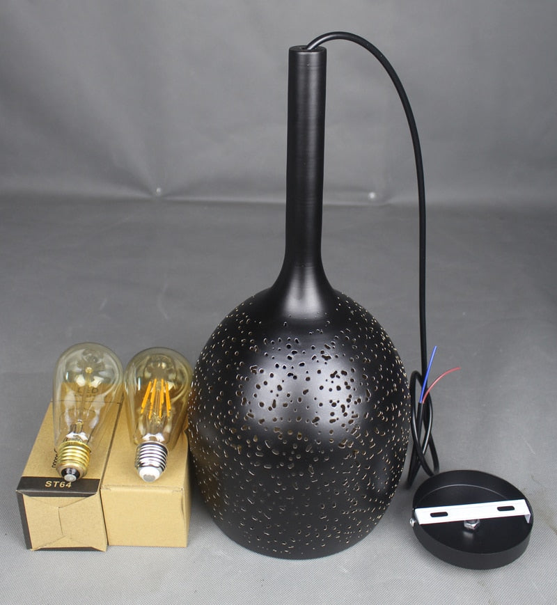 Vintage Iron Pendant Lamp – Nordic Loft Retro E27 Hanging Light with Etched Metal Shade