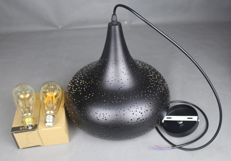 Vintage Iron Pendant Lamp – Nordic Loft Retro E27 Hanging Light with Etched Metal Shade