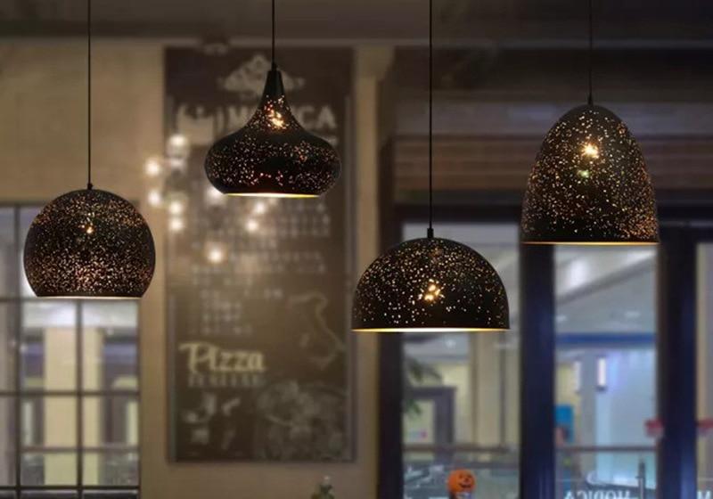 Vintage Iron Pendant Lamp – Nordic Loft Retro E27 Hanging Light with Etched Metal Shade